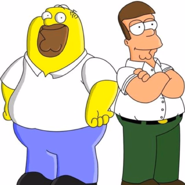 Homer Simpson and Peter Griffin exchanging character designs