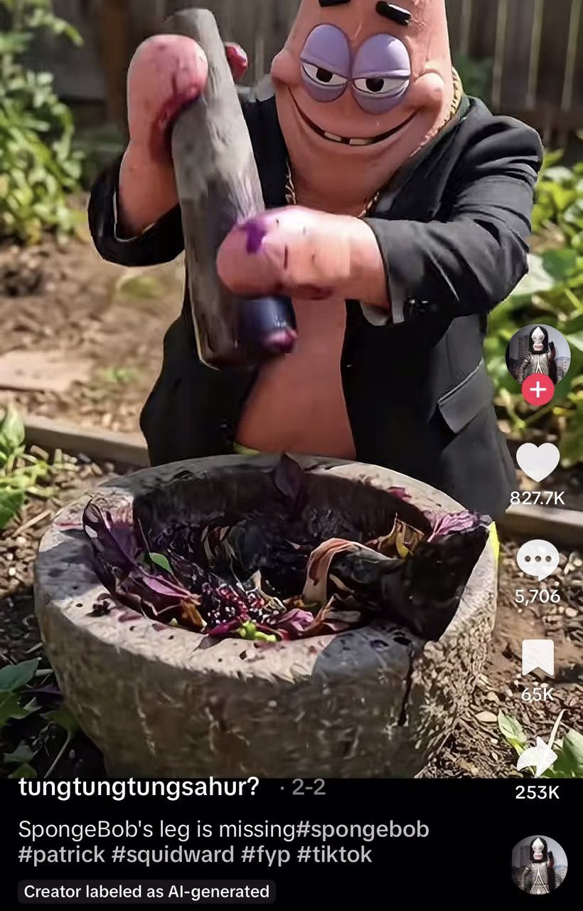 Patrick Star in a suit preparing food in an AI-generated TikTok video