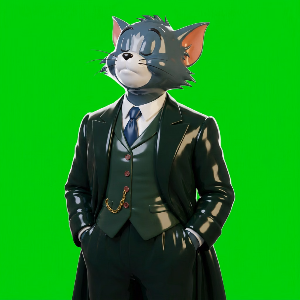 Tom the cat wearing a dark three-piece suit against a green-screen background