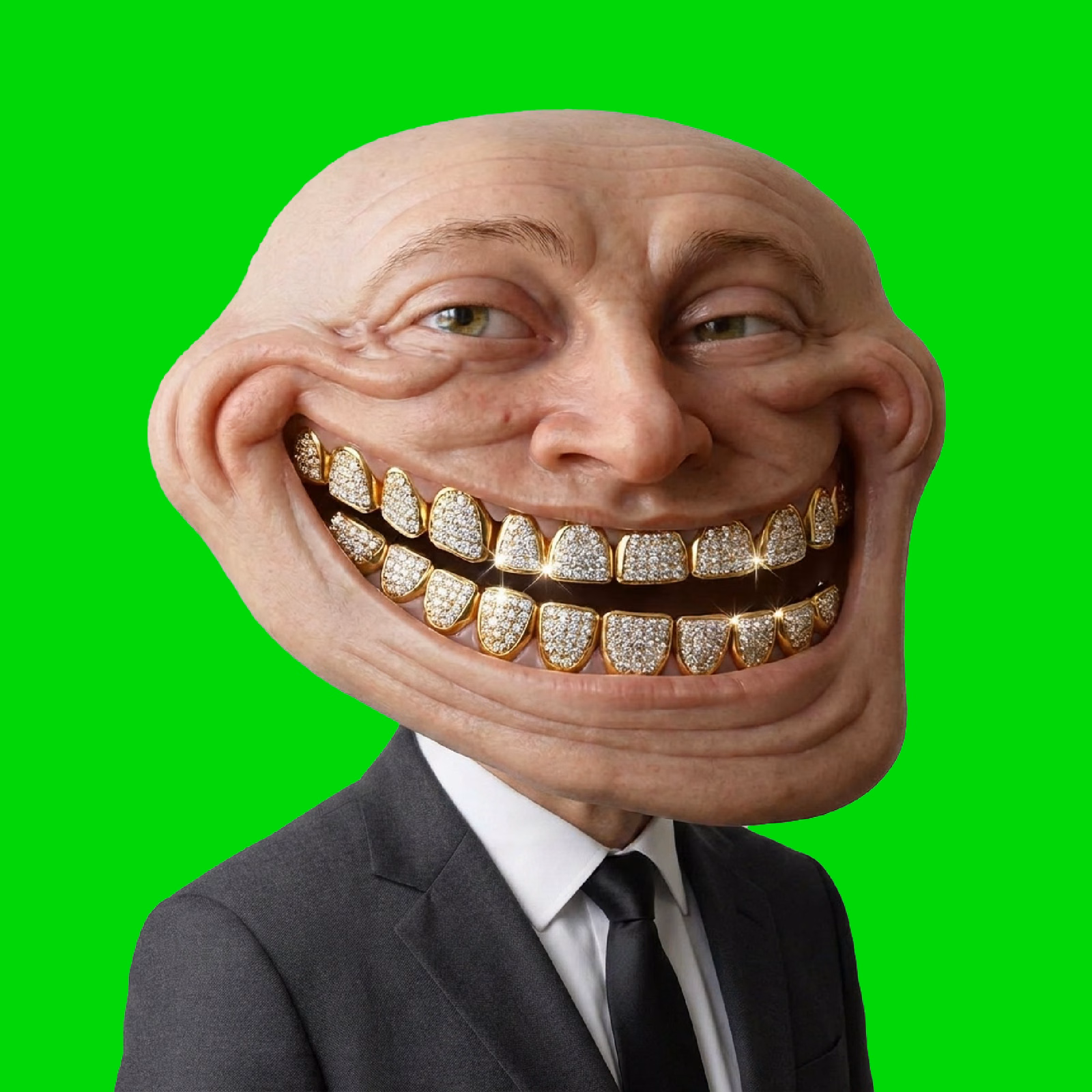 A grinning trollface character in a dark suit against a green-screen background