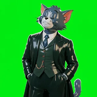 Animated Tom in a suit performing against a green-screen background
