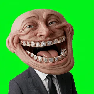 Animated trollface character in a suit performing against a green-screen background