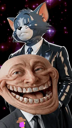 Tom and the trollface character composited over sparkling stars, with a small Pleo mascot at the bottom